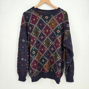 100% Alpaca Hand Knit Vintage Jewel Tone Argyle Wool Pullover Sweater Mens L EUC